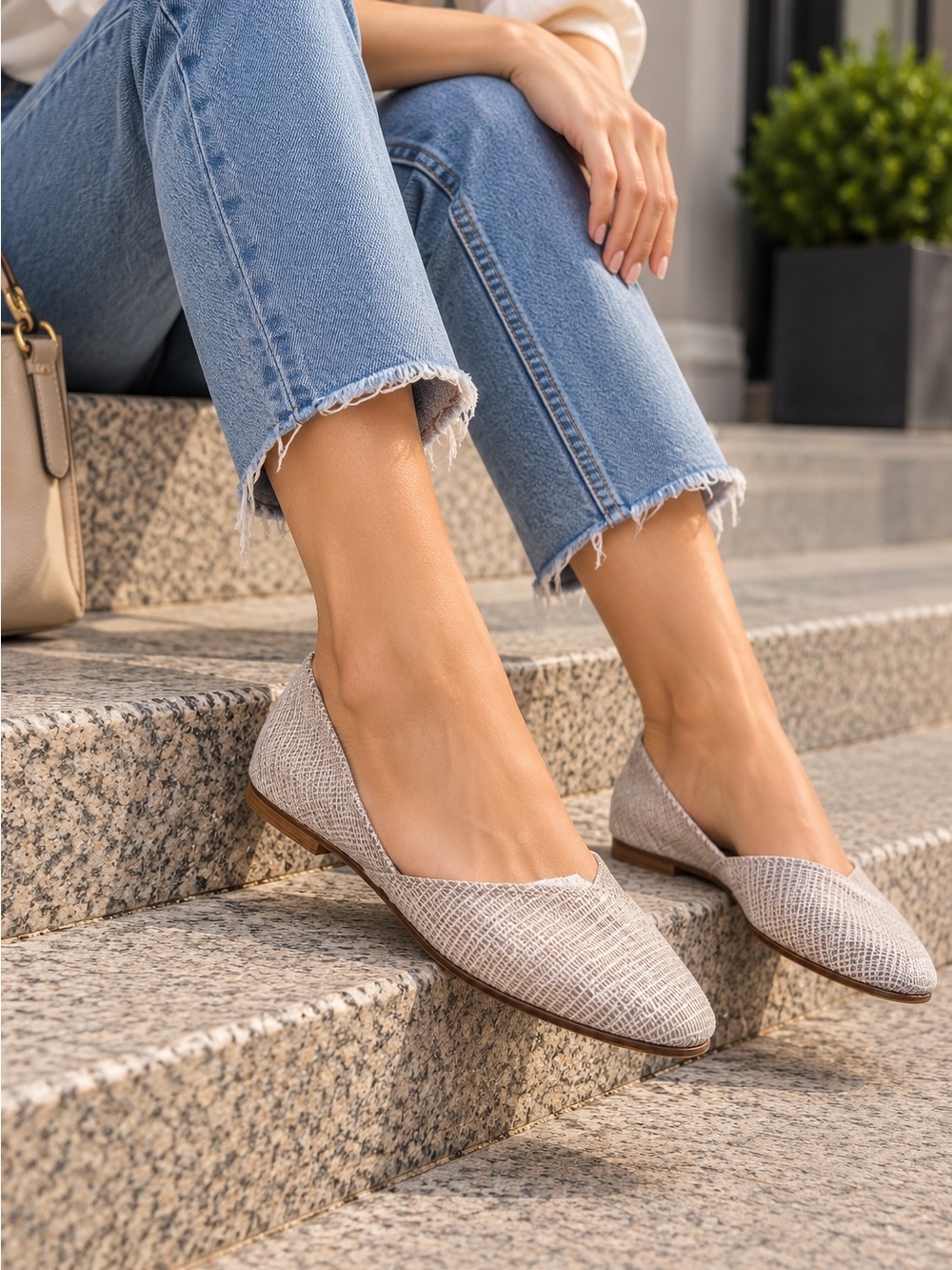 TOMS Women's Light Gray Textured Slip-On Flats
